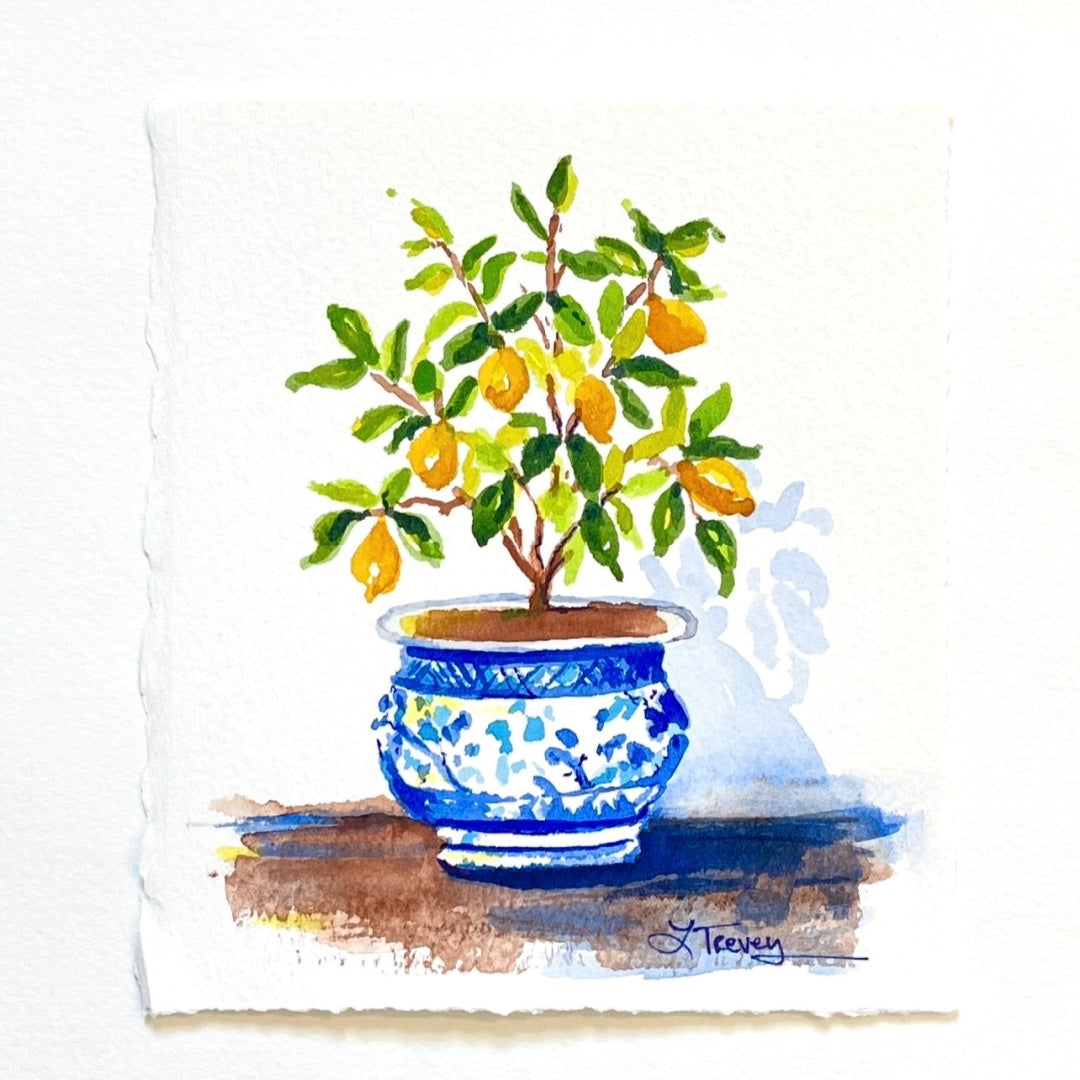 5x6 Sunny Lemon Tree in Chinoiserie Planter - Original Watercolor Painting by Laura Trevey (view 4)