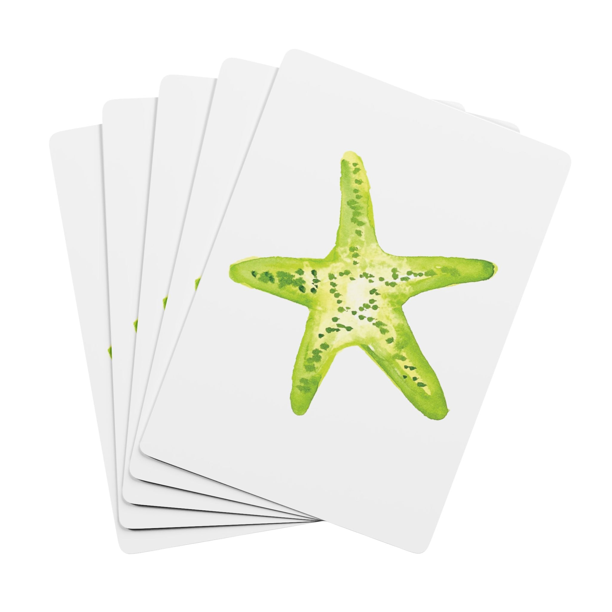 Set of greeting cards with green starfish design on a white background