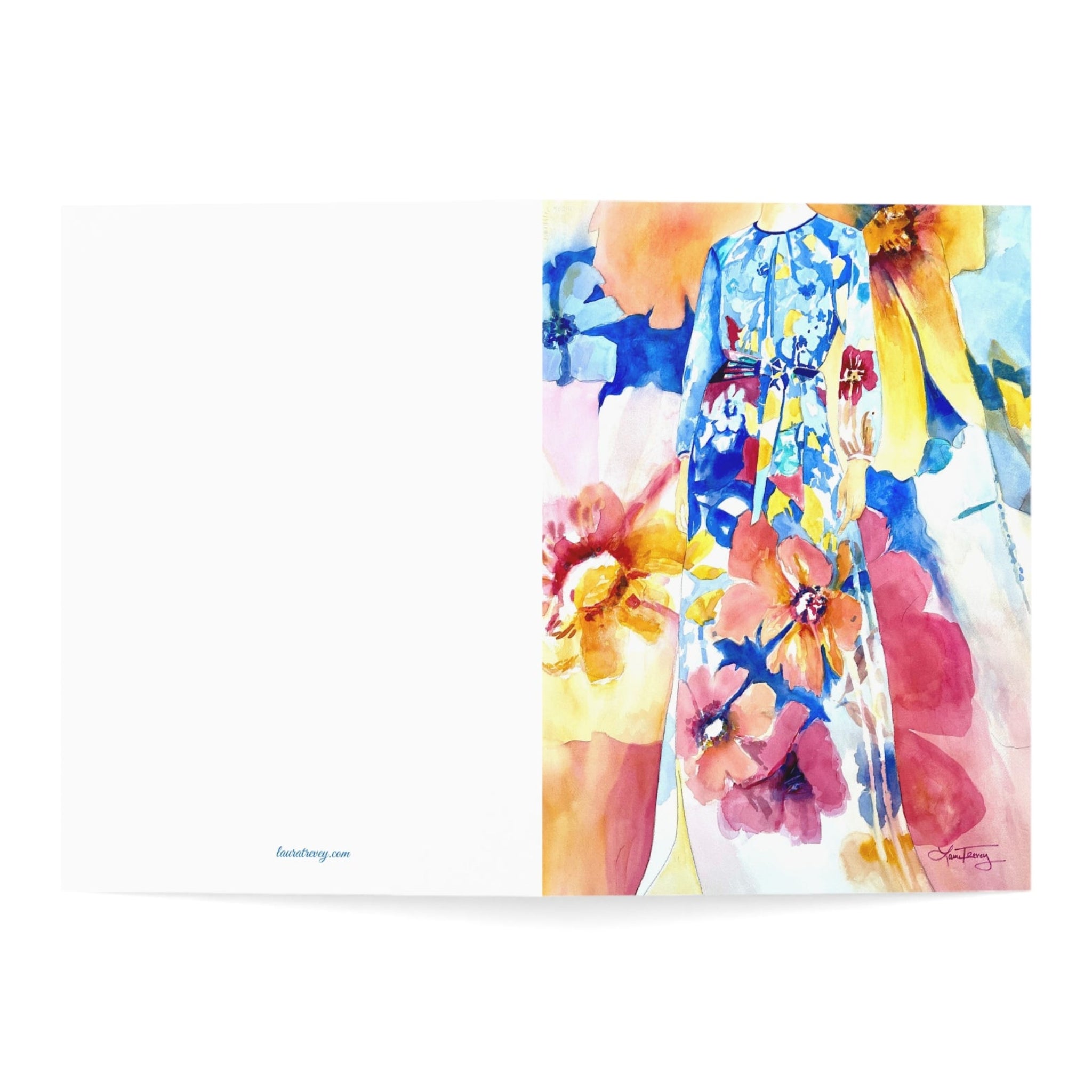Elegant Lady in Floral watercolor greeting card, opened flat showing front and back cover
