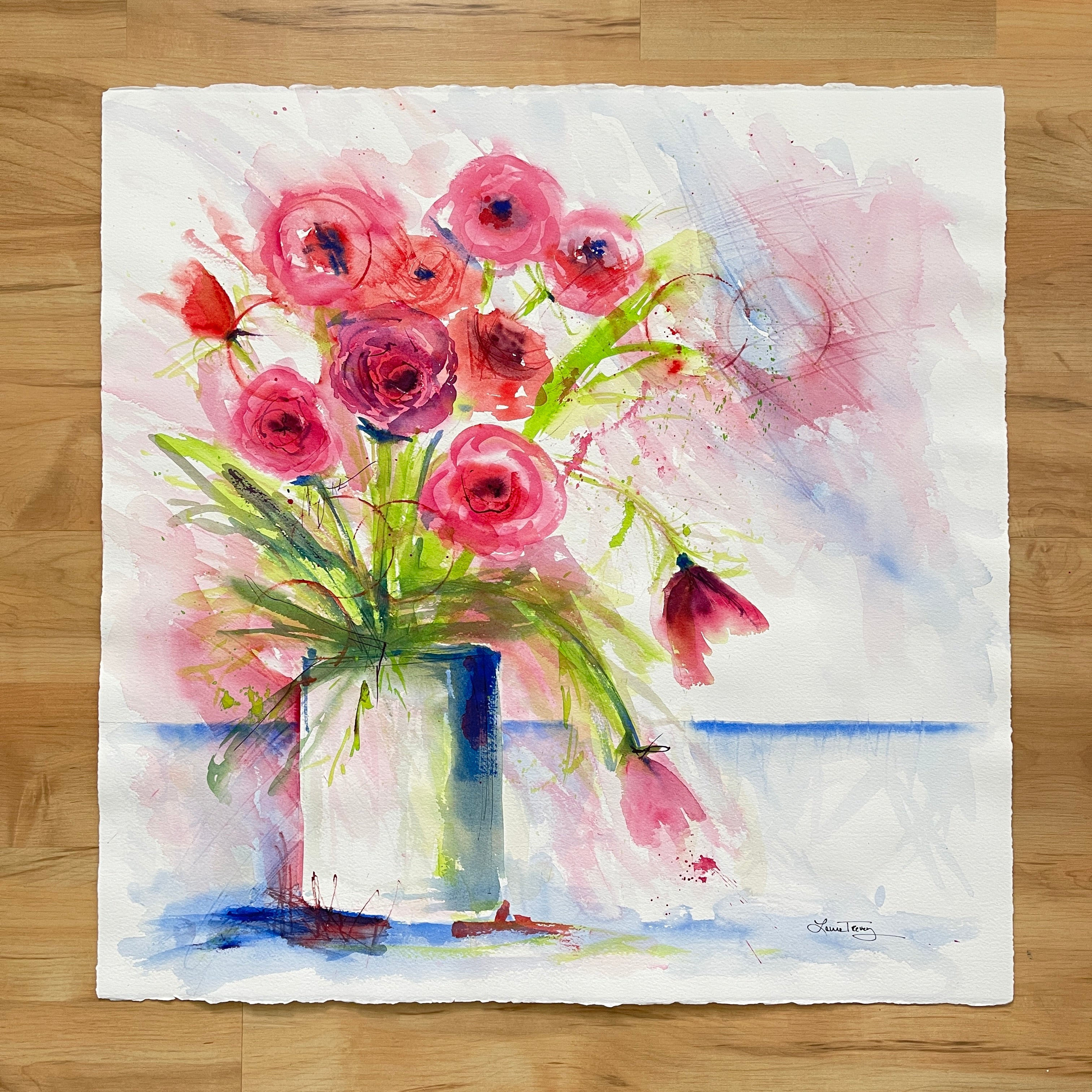 Summer Blooms Original Watercolor Painting 22x22 by Laura Trevey (view 2)