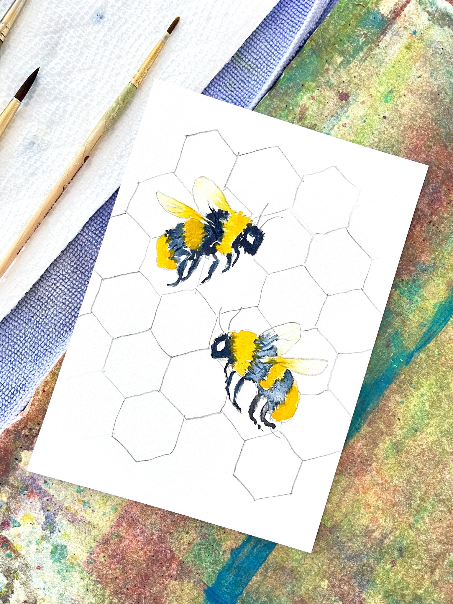 5x7 Two Honey Bees Watercolor Original Painting