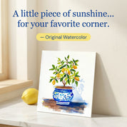 5x6 Sunny Lemon Tree in Chinoiserie Planter - Original Watercolor Painting by Laura Trevey (view 2)