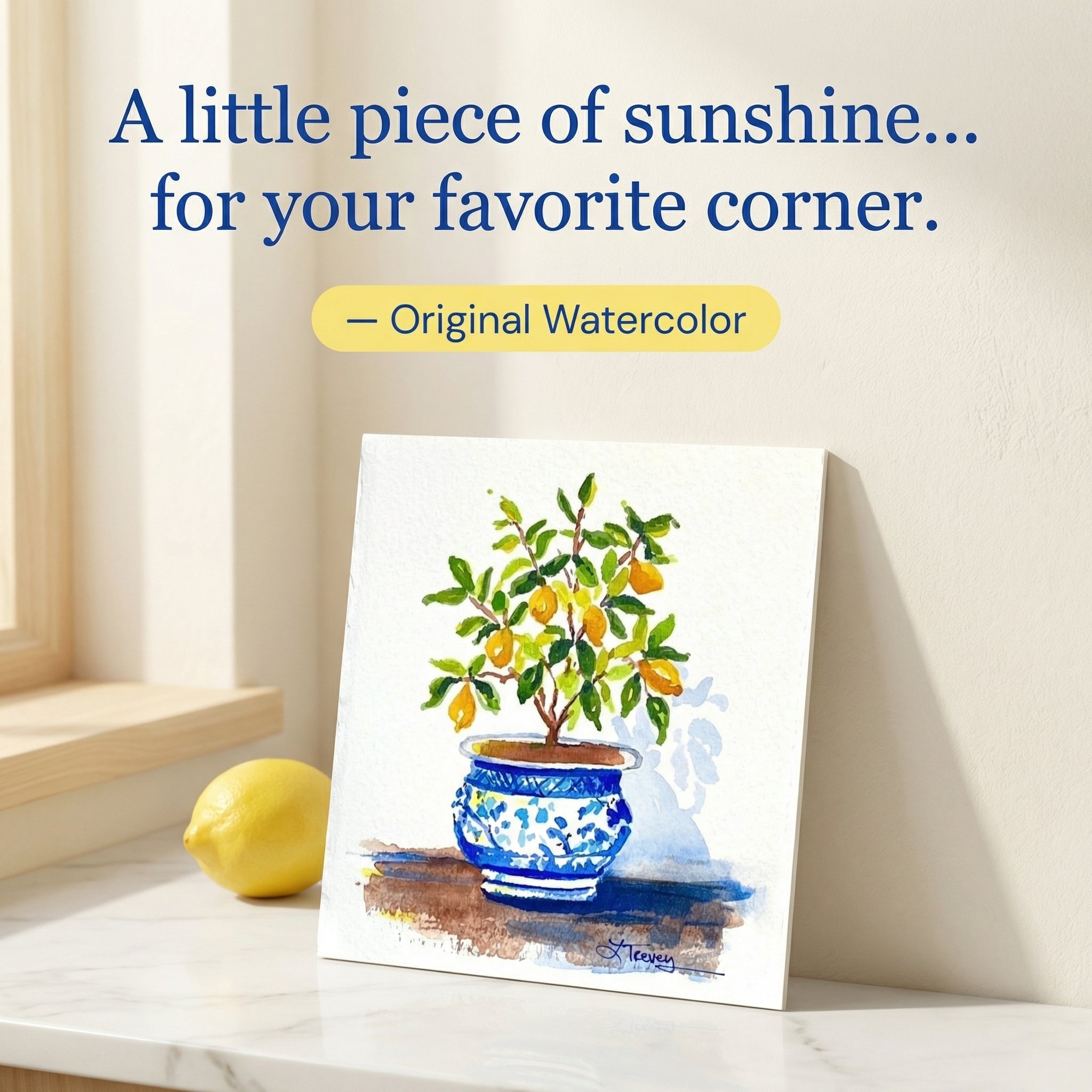5x6 Sunny Lemon Tree in Chinoiserie Planter - Original Watercolor Painting by Laura Trevey (view 2)
