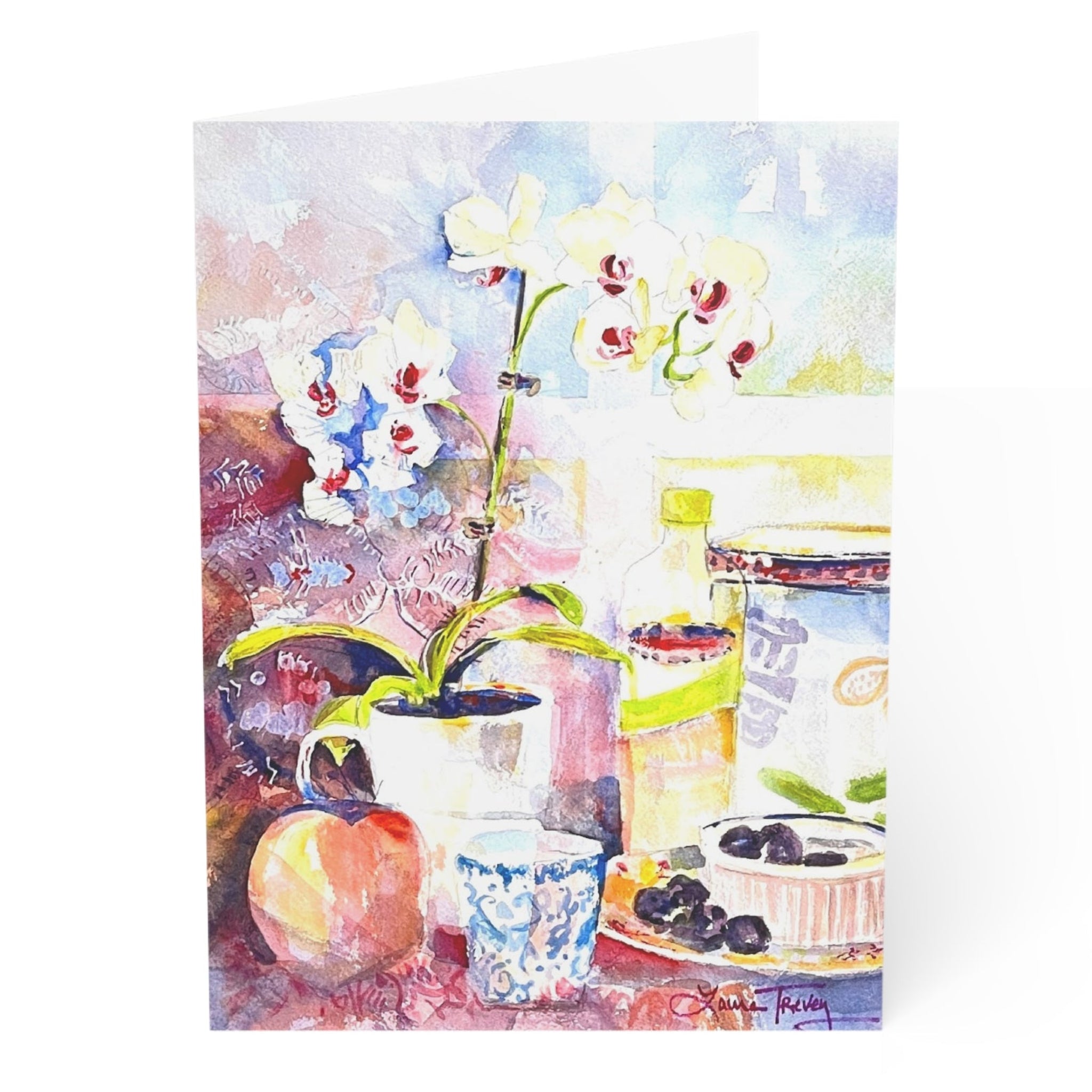 Orchid in a Tea Cup Greeting Card, floral still life watercolor folded card by Laura Trevey, blank inside