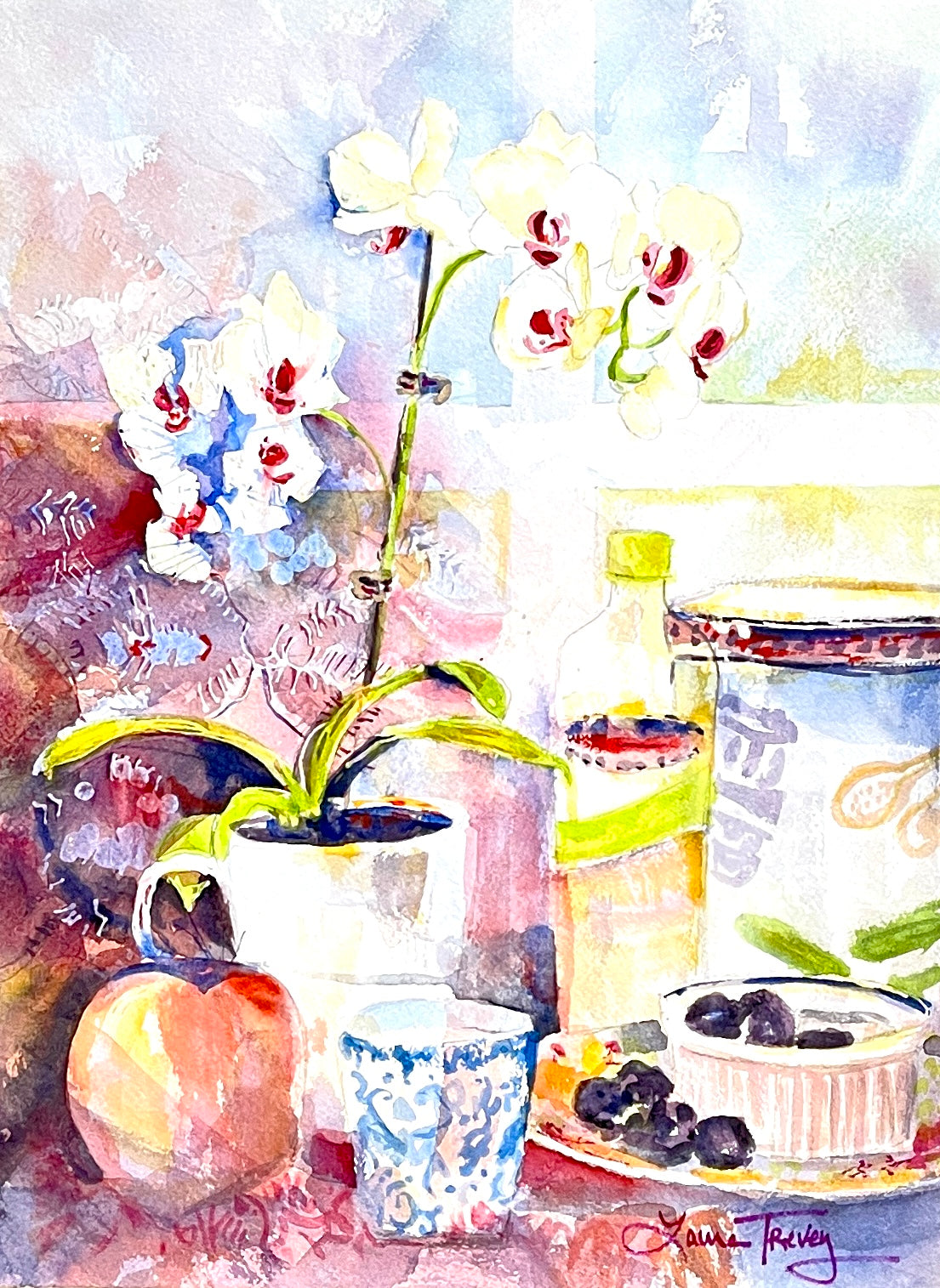 Orchid in Tea Cup 11x15 Watercolor