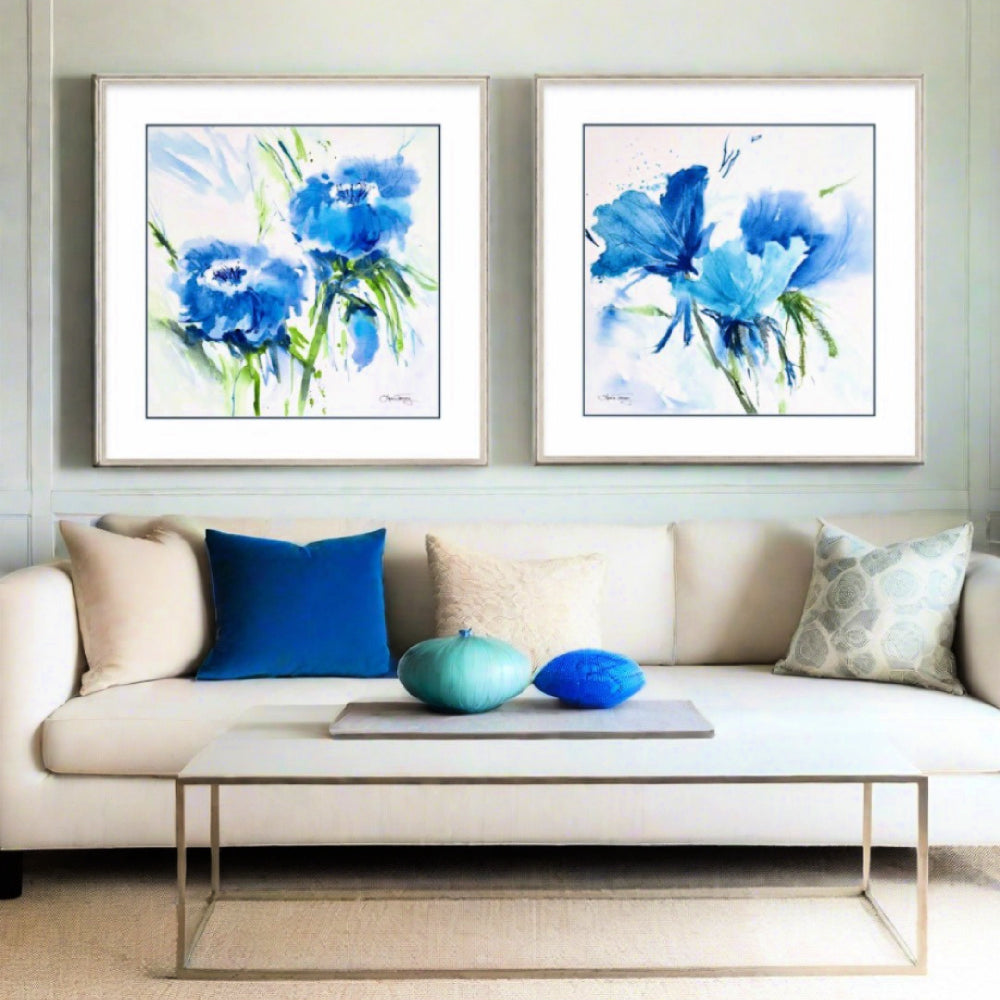 Pair of Blue Blossoms Watercolor Giclee Prints by Laura Trevey