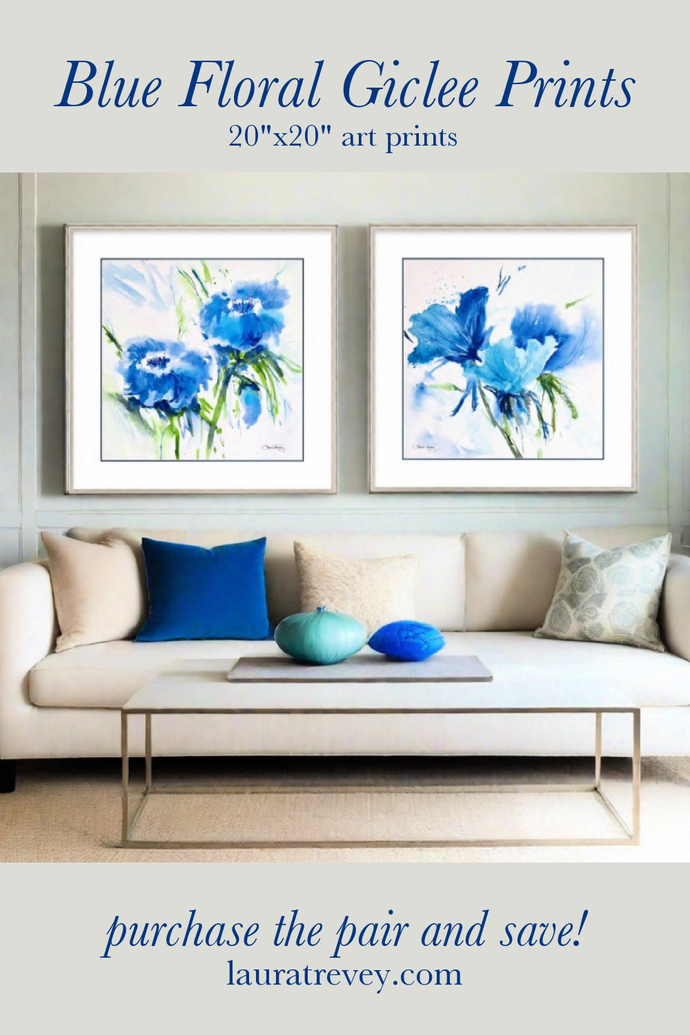 Pair of Blue Blossoms Watercolor Giclee Prints