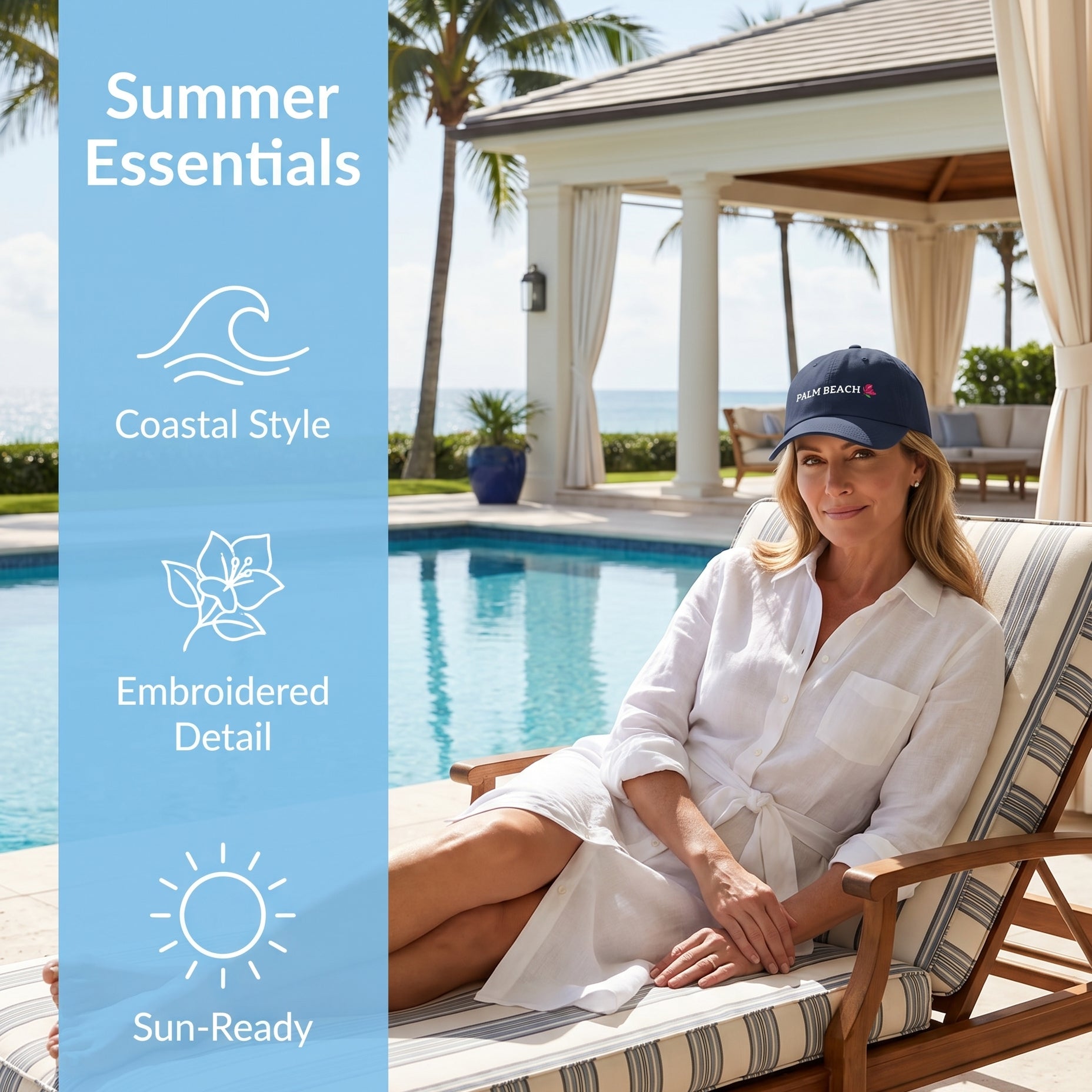 Palm Beach Script with Pink Bougainvillea Embroidery - Coastal Cap by Laura Trevey, embroidered hat (view 2)