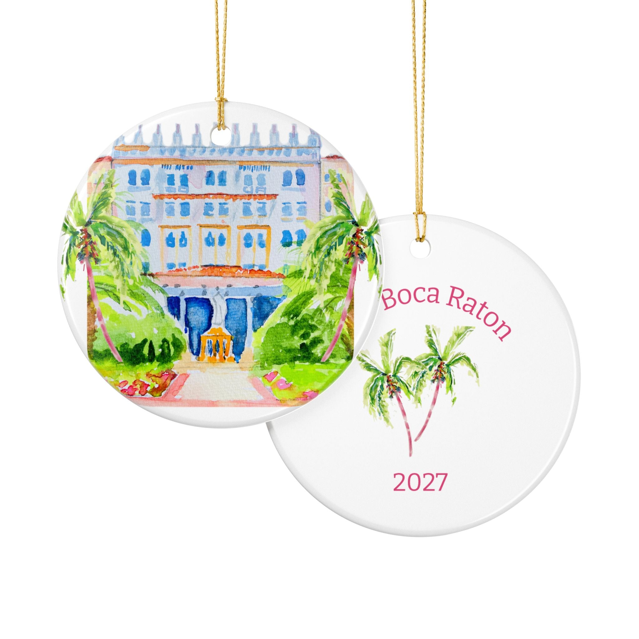 Two round hanging ornaments on a white background. One ornament shows a colorful watercolor-style illustration of The Boca Raton with palm trees.