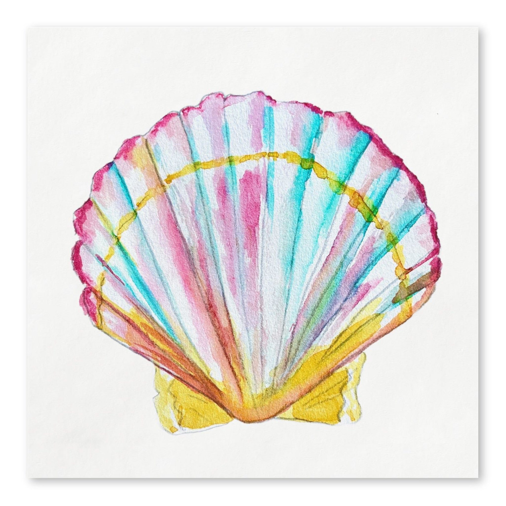 Scallop shell cocktail napkins, watercolor by Laura Trevey in pink, turquoise and golden yellow