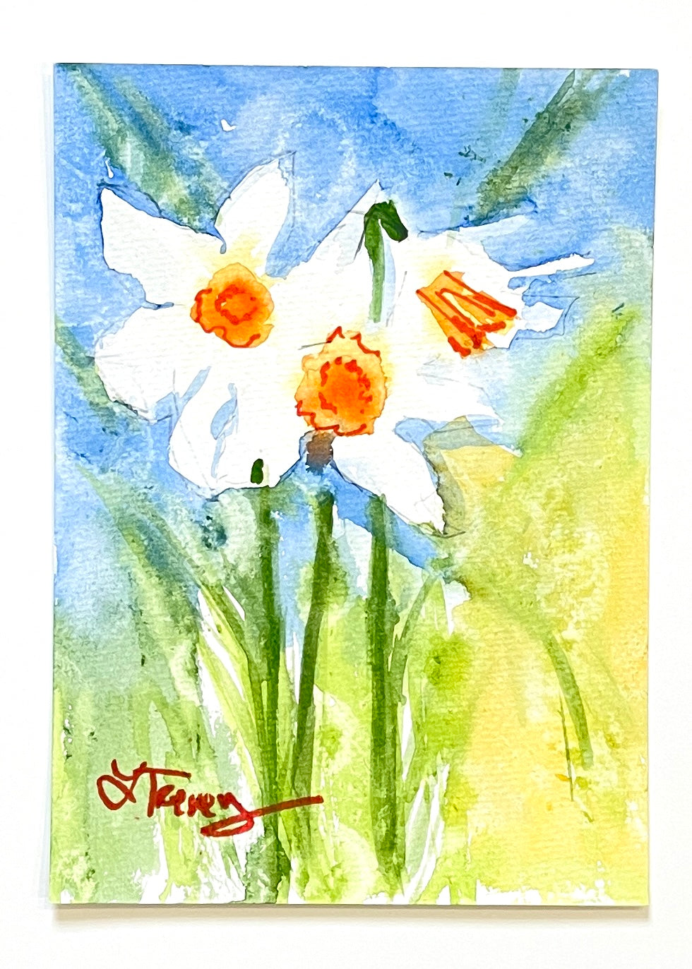 5x7 Sunny Daffodils- Original Watercolor Painting by Laura Trevey (view 2)
