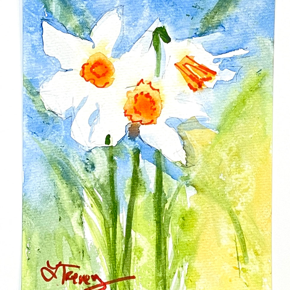 5x7 Sunny Daffodils- Original Watercolor Painting by Laura Trevey (view 2)