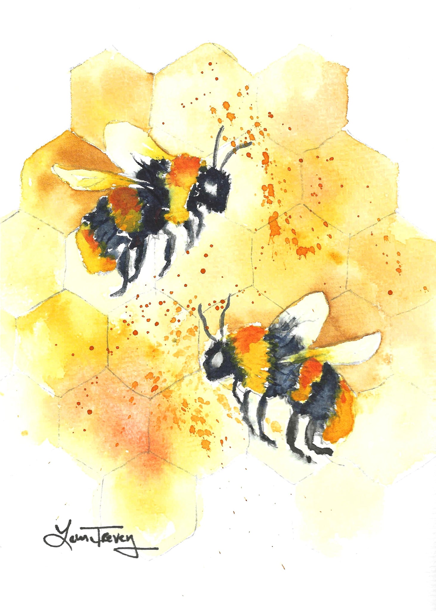 5x7 Two Honey Bees Watercolor Original Painting