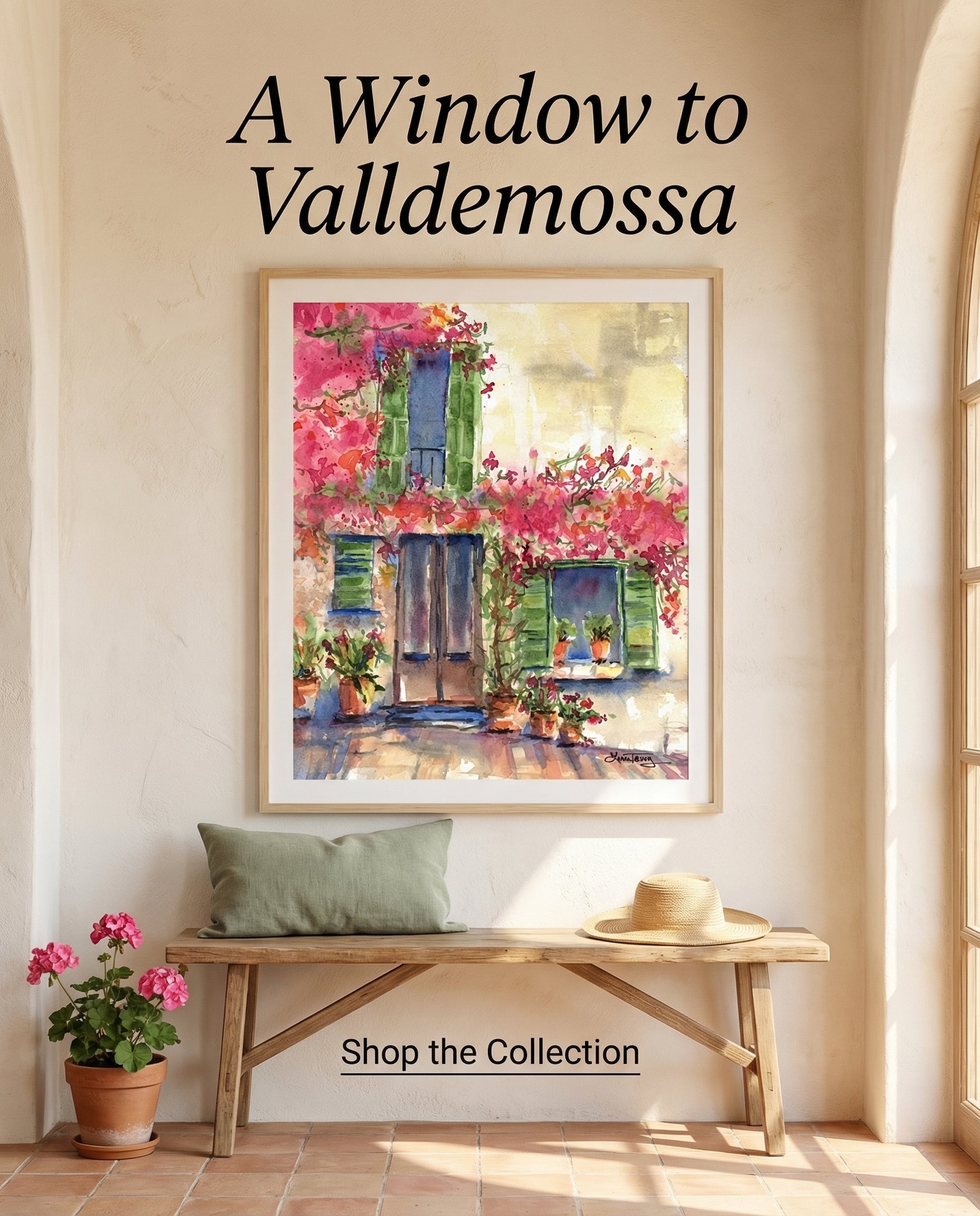 Pink Bougainvillea Valldemossa, Mallorca Watercolor Giclee Print by Laura Trevey (view 2)