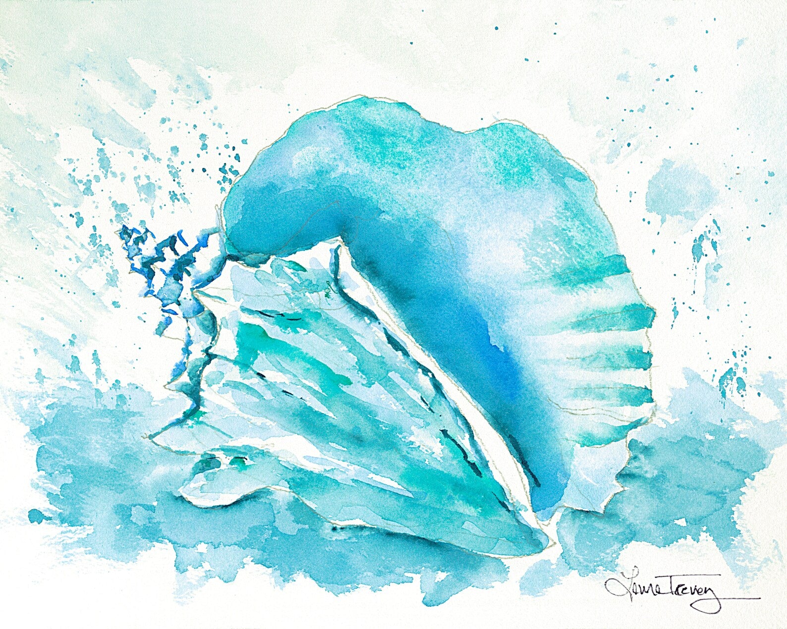 Blue Conch Shell Coastal Giclee Print by Laura Trevey