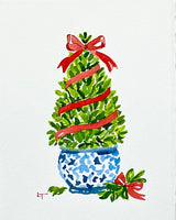 5x7 Original Watercolor Painting | Boxwood Christmas Topiary with Red Ribbon in Chinoiserie Planter