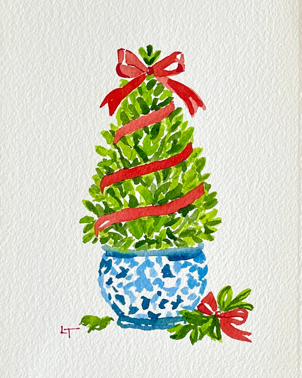 Close-up of a boxwood topiary watercolor painting with red ribbon, red bow and blue and white chinoiserie pot