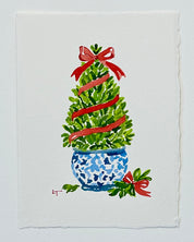 Full sheet of the 5x7 boxwood Christmas topiary original watercolor showing deckled edge watercolor paper, signed LT