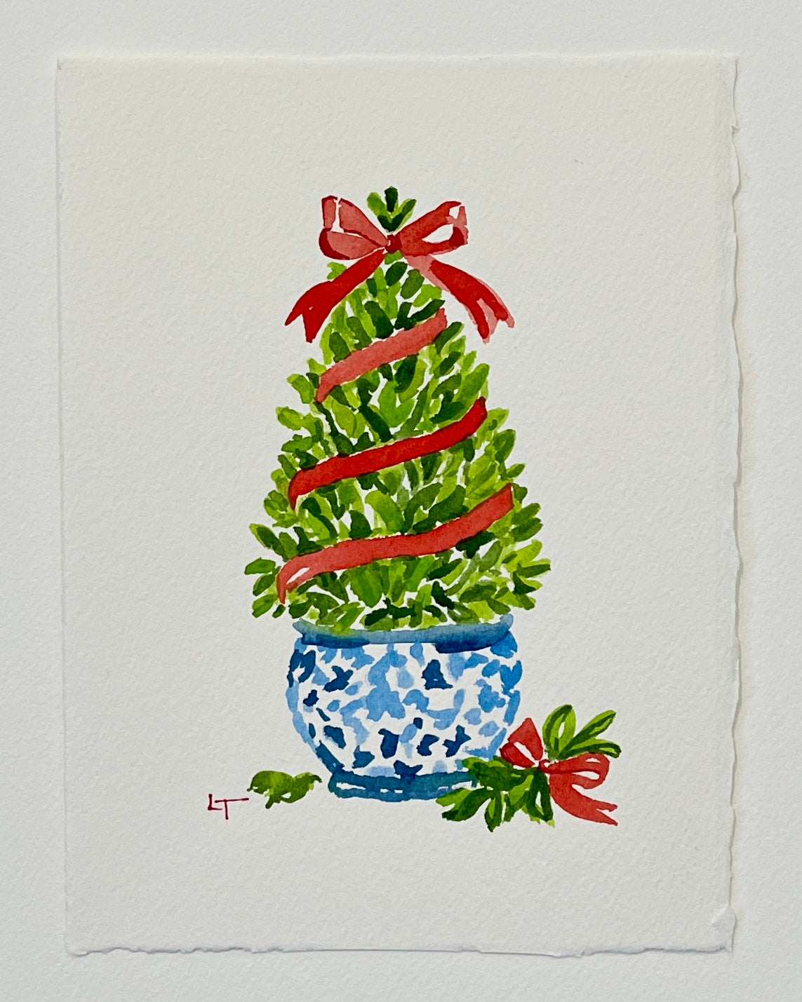 Boxwood topiary with red ribbon original watercolor painting on watercolor paper, holiday chinoiserie art