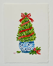 Boxwood topiary with red ribbon original watercolor painting on watercolor paper, holiday chinoiserie art