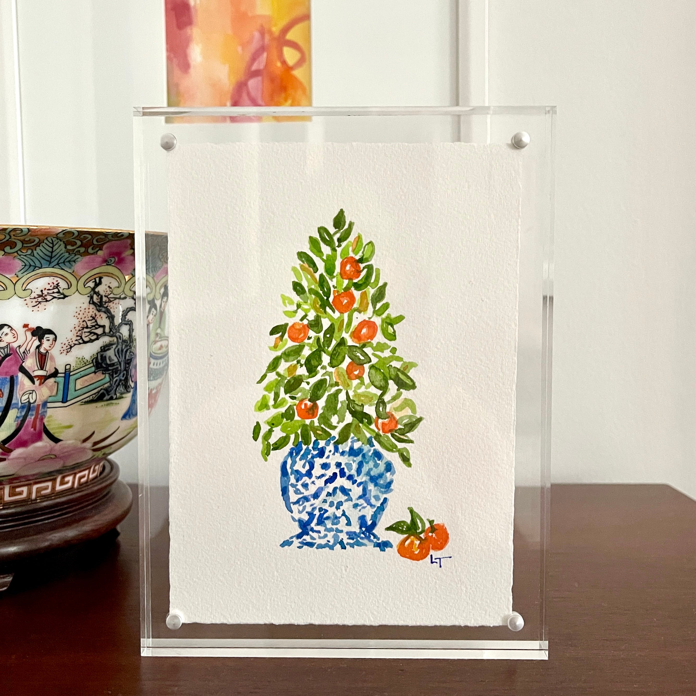 5x7 Christmas tree with oranges original watercolor in a clear acrylic frame by Laura Trevey