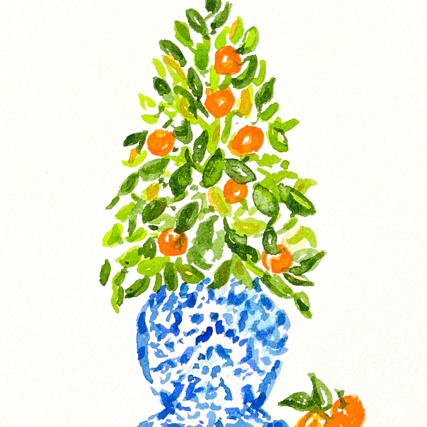 5x7 original watercolor Christmas tree with oranges in chinoiserie planter by Laura Trevey