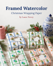 Citrus Orange Tree Wrapping Paper - Framed watercolor Christmas wrapping paper collection by Laura Trevey: Blue Frame Topiary, Green Frame Topiary, Merry Merry and Orange wrapped gifts