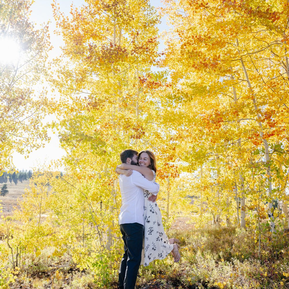 Engagement photo in the aspens that became a custom watercolor painting by Laura Trevey