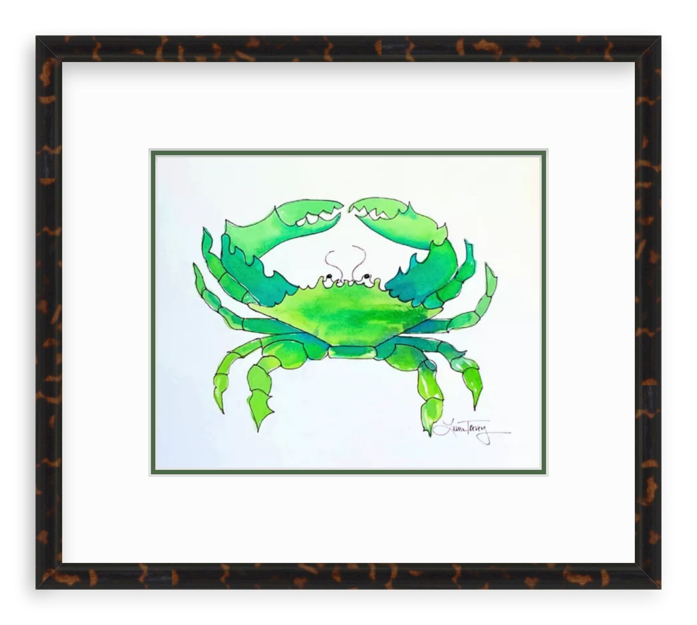 9x11 Turquoise Green Crab Original Coastal Watercolor Painting by Laura Trevey (view 2)