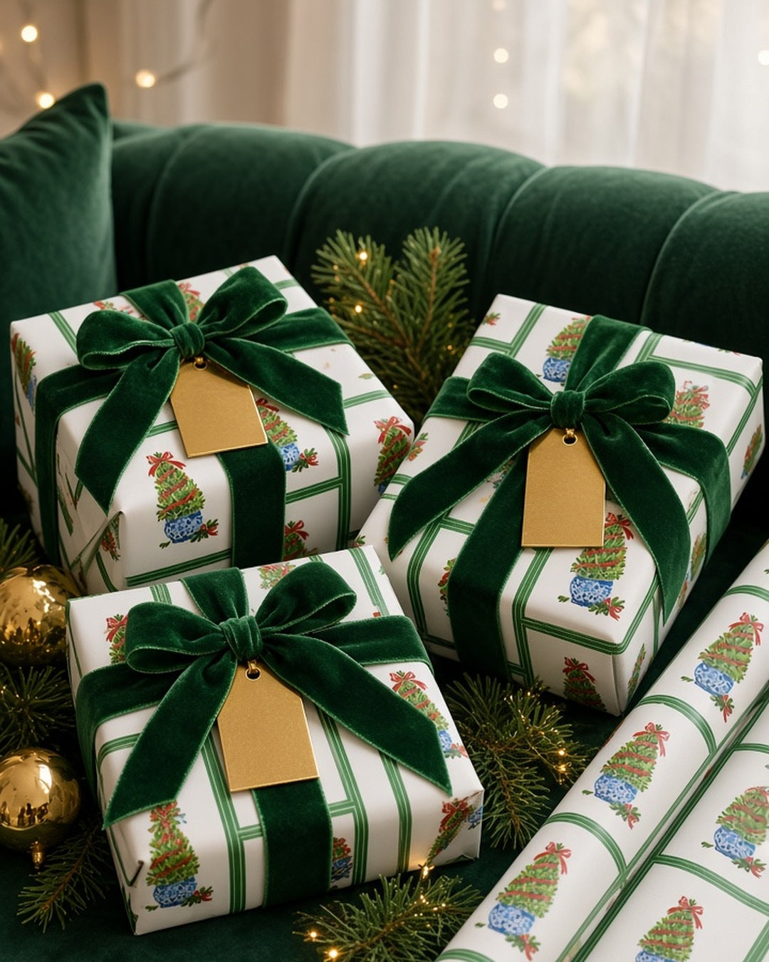 Emerald boxwood topiary Christmas wrapping paper on gifts with green velvet ribbon and gold tags