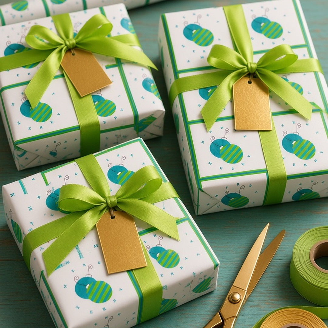 Teal and lime ornament Christmas wrapping paper on gifts with lime ribbon and gold tags