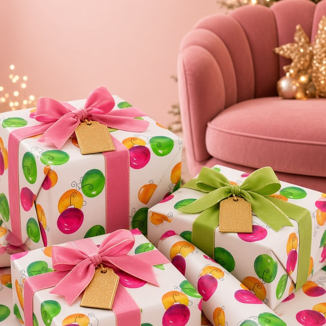 Pink and lime ornament Christmas wrapping paper on gifts with pink ribbon and gold tags