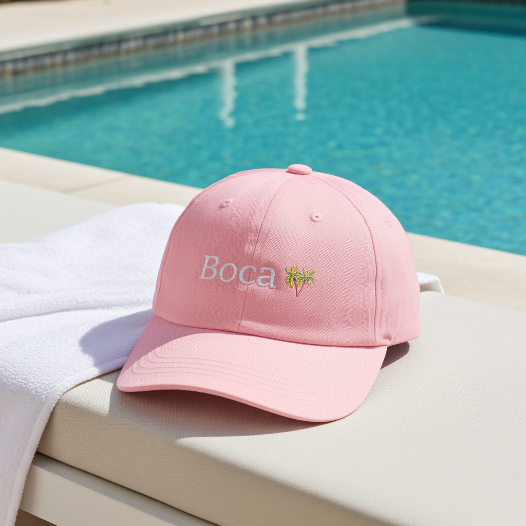 Pink cap with 'Boca' logo on a poolside 