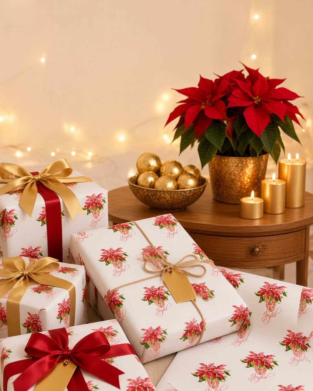 Red poinsettia Christmas wrapping paper on gifts with gold and red ribbon