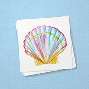 Scallop Shell Cocktail Napkins | Coastal Watercolor Paper Napkins – stack of cocktail napkins on sky blue linen