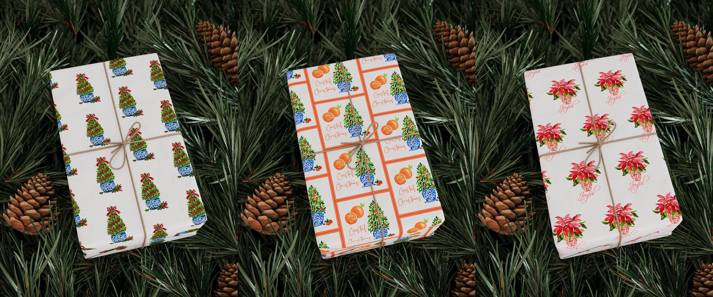 Watercolor Christmas wrapping paper by Laura Trevey in topiary, citrus orange tree and poinsettia designs