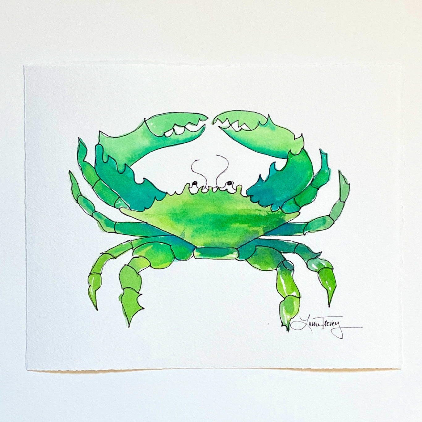 9x11 Turquoise Green Crab Original Coastal Watercolor Painting by Laura Trevey (view 4)