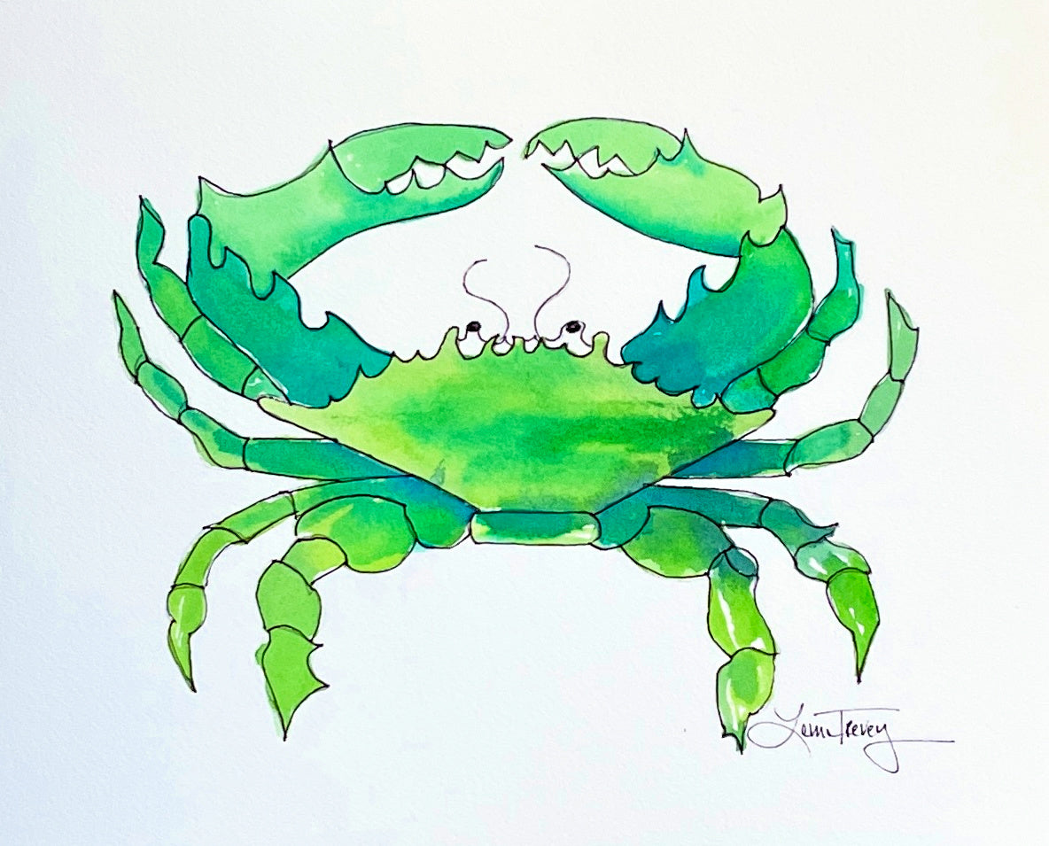 9x11 Turquoise Green Crab Original Coastal Watercolor Painting by Laura Trevey